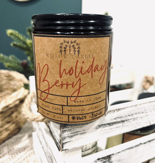 8 oz Holiday berry soy wax candle in an amber jar. Crackling wood wick.