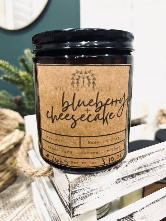 8 oz blueberry cheesecake,  amber jar, soy wax, wood wick candle